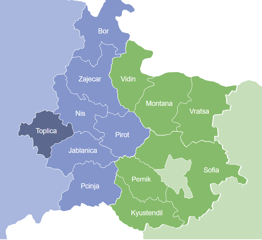 Карта на трансграничния регион България–Сърбия — 6 области в България и 7 окръга в Сърбия